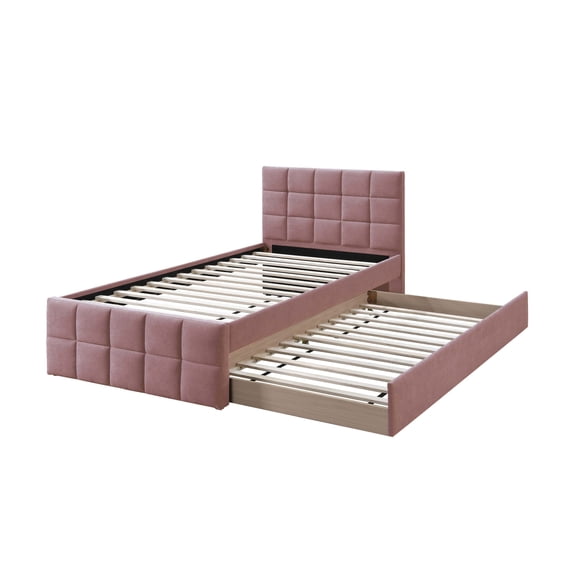 LHSHID Full Upholstered Bed with Trundle and Grid Pattern Headboard, Light Pink
