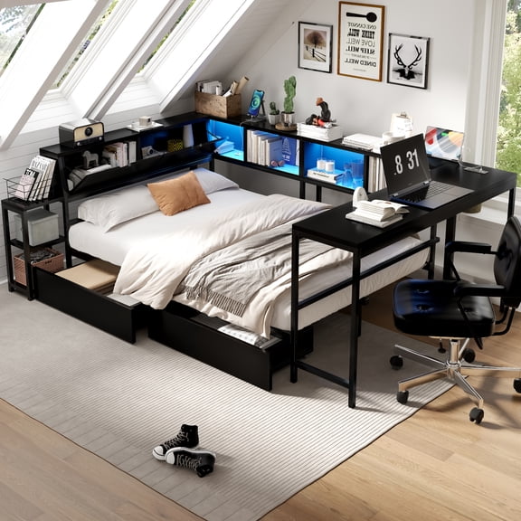 LHSHID Corner Bed Frame Full Size with Bookcase and 2 Underbed Storage Drawers,Modern Bed with LED Light and Charging Station,Left and right interchangeable,Black