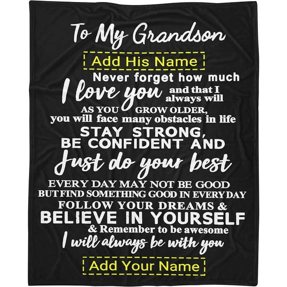 LHSHID Custom Grandson Blanket from Grandma Grandpa Personalized Boy Name Gift Super Soft Lightweight Throws Summer Travel Blankets Birthday Present Decor Bed Couch Sofa