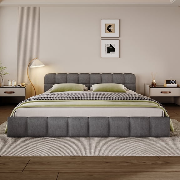 LHSHID Elegant Chenille Upholstered Bed with Checkerboard Design,Queen,Grey