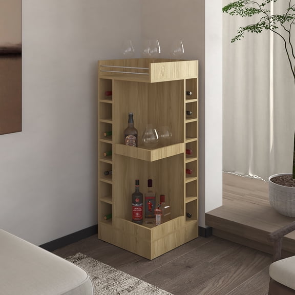LHSHID FM FURNITURE Lamer Corner Bar Cabinet with Wine Rack and Open Shelf,Natural Oak