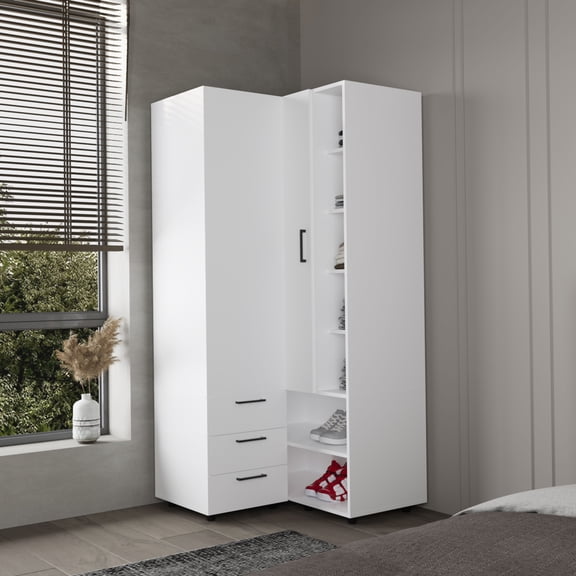 LHSHID FM FURNITURE Thatcher Armoire- wardrobe,shoe storage,Open Storage and 2-drawer,White