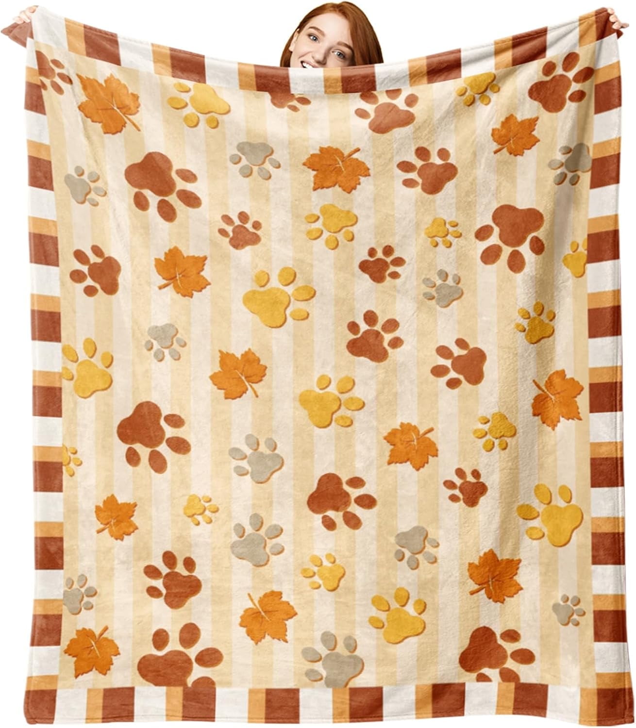 LHSHID Fall Cat Dog Paw Print Flannel Blanket Autumn Throw Blanket Birthday Thanksgiving Gifts for Pet Lovers Kids Men Women Maple Leaves Stripes Soft Blanket for Bedding Sofa 60x80in
