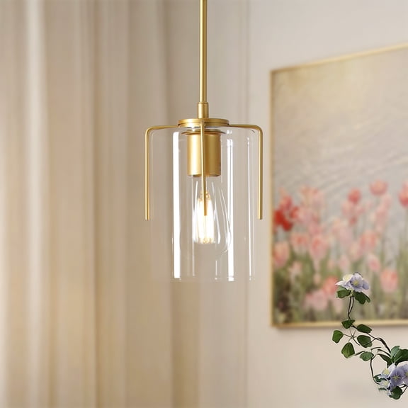 LHSHID Farmhouse Gold Pendant Light,1-Light Clear Glass Kitchen Island Light for Dining Table,Adjustable Modern Hanging Ceiling Fixture for Entryway,Hallway,Bedroom