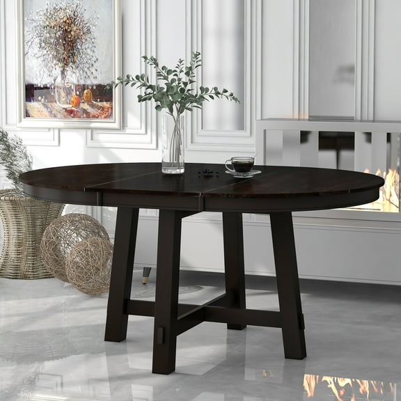 LHSHID Farmhouse Round Extendable Dining Table with 16"Leaf Wood Kitchen Table (Espresso)