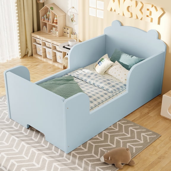 LHSHID Floor Bed Frame,Cot Bed for and Ages 3-6,Bear Shape Bed,Blue