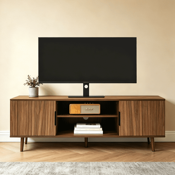 LHSHID Fluted TV Stands for Living Room,54.3"Mid Century Modern Entertainment Center,TV Console with Open Shelves,Television Media Cabinet for Bedroom,Walnut