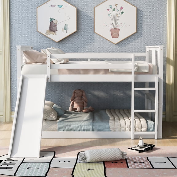 LHSHID Full over Full Bunk Bed with Ladder and Slide, White