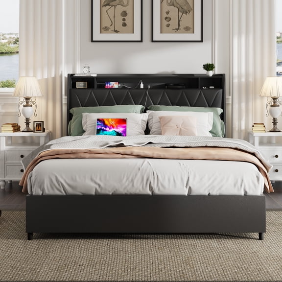LHSHID Full Size Bed Frame with Ergonomic Headboard,Full Platform Bed Frame with Outlets Charger,Full Bed Frame with Storage Shelf,Bed Frame Full Size,Noise-Free,No Box Spring Needed