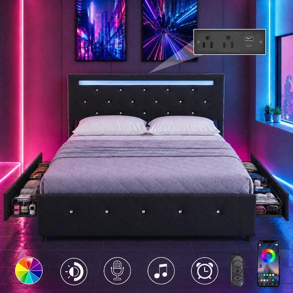 LHSHID Full Size Bed Frame with LED Light and 4 Storage Drawers,PU Upholstered Bed Frame with Adjustable Headboard,Diamond Crystal Button,Charging Station,Metal Frame,No Box Spring Needed,Black