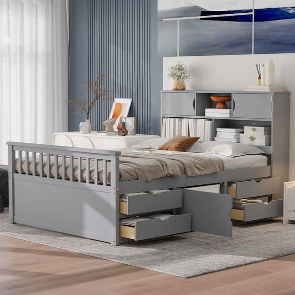 LHSHID Full Size Captain Platform Bed Frame with Storage Bookcases and Shelves,Four Drawers,Gray