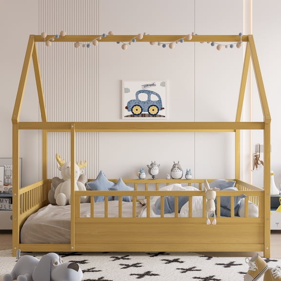 LHSHID Full Size Floor Wooden Bed with House Roof Frame,Fence Guardrails(Full,Natural)