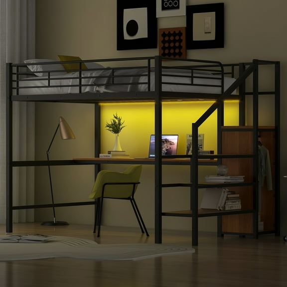 LHSHID Full Size Metal Loft Bed with Desk,Storage Staircase,Small Wardrobe and LED Light,Black