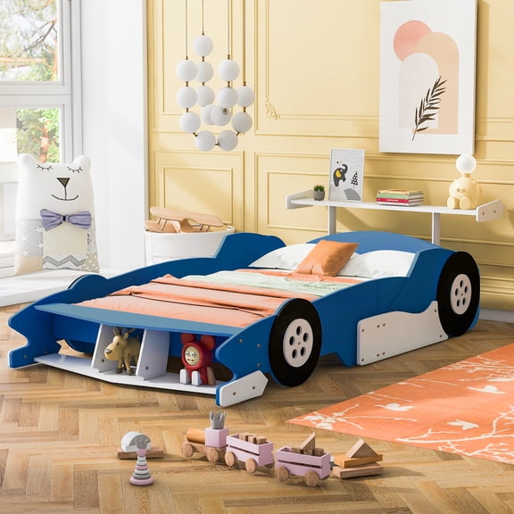 LHSHID Full Size Race Car-Shaped Platform Bed with Wheels,Blue