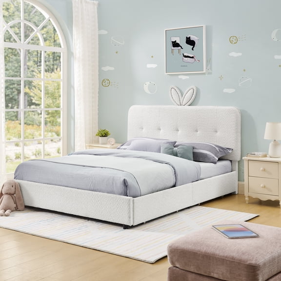 LHSHID Full Size Upholstered Bed with Oversized Rabbit Ear Headboard,LED Light 4 Storage Drawers,Fabric (79.5''X55.75''X41'')