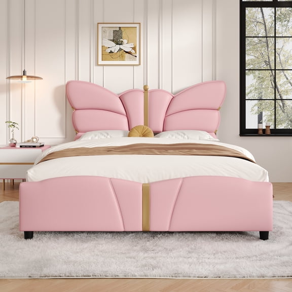 LHSHID Full Size Upholstered PU Leather Bed Frame,with Butterfly Shaped Headboard and Footboard,Platform Bed Frame with Gold Metal decorations,No Box Spring Needed,Light Pink