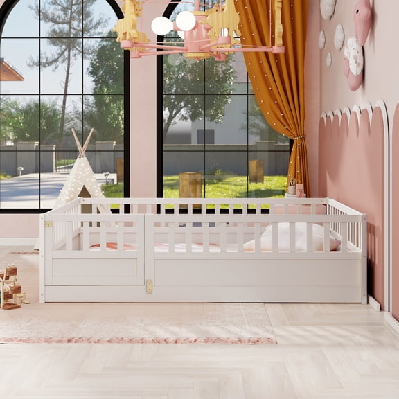 LHSHID Full size Floor bed,integral construction with super high security barrier,door,'s floor bed frame,wooden 's floor bed,white