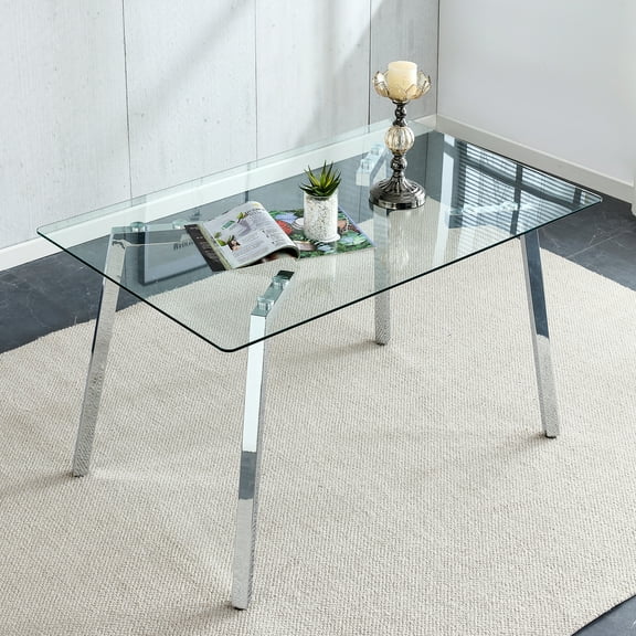LHSHID Glass Dining Table Modern Minimalist Rectangular for 4-6 with 0.31"Tempered Glass Tabletop and plating Metal Legs,Writing Table Desk,for Kitchen Dining Living Room,51"W x 31"D x 30"H