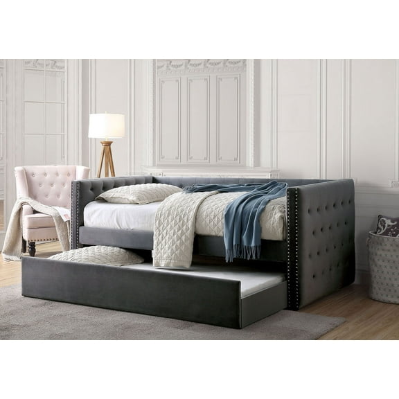LHSHID Gray Finish Transitional Style Daybed With Trundle Nailhead Trim Padded Button Tufted Upholstery Tuxedo Design Slat Kit Included