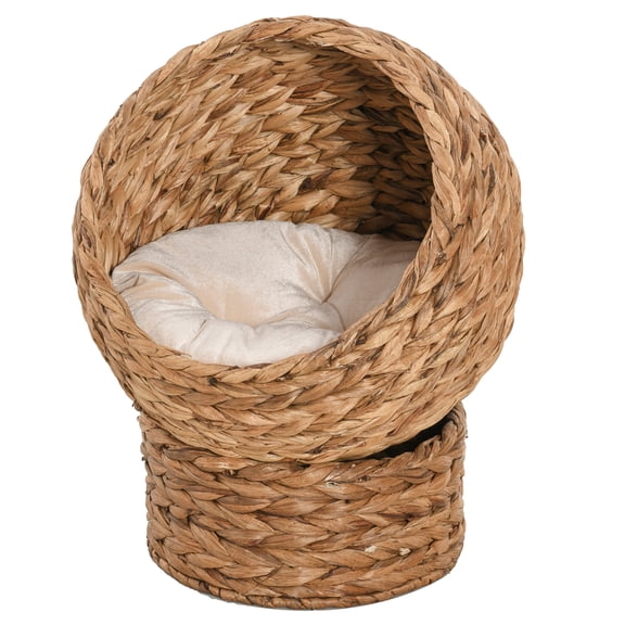 LHSHID Handwoven Elevated Cat Bed with Soft Cushion Cat Egg Chair Shape,Cat Basket Bed Kitty House with Stand,Raised Wicker Cat Bed for Indoor Cats,23.5" H,Brown