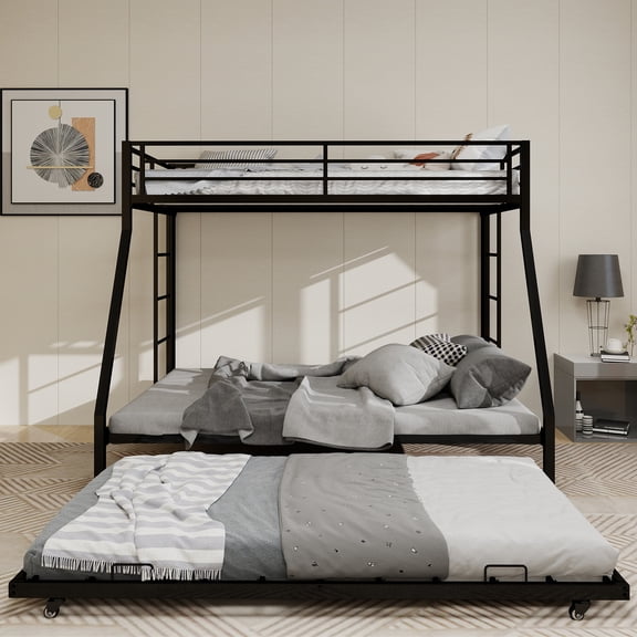 LHSHID Full Square Tube Bunk Bed with Ladder and Trundle, Black