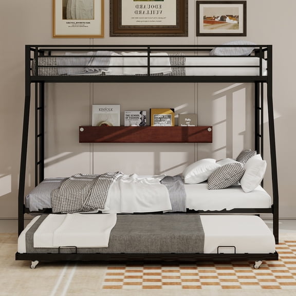 LHSHID Queen Square Tube Bunk Bed with Ladder and Trundle, Black