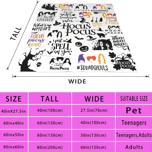 LHSHID Hocus Pocus Halloween Throw Blanket Soft Contemporary Flannel Fleece Multipurpose for Sofa and Bed Decor Machine Washable Non Shedding All Season Digital Print Blanket 50x60in
