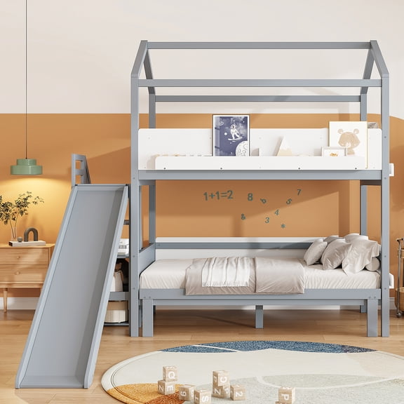 LHSHID House-Shaped Wooden Bunk Bed with Slide and Storage Staircase, Gray and White