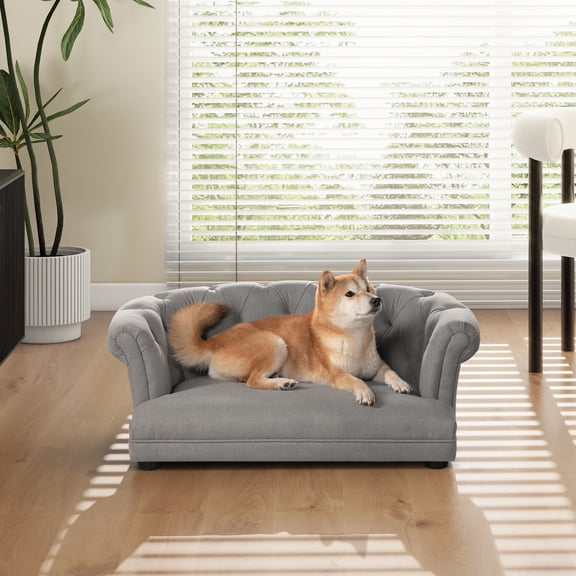 LHSHID Kiki 36.5" Chesterfield Dog Sofa Bed,Medium,Uptown Gray Stain Resistant High Performance Polyester