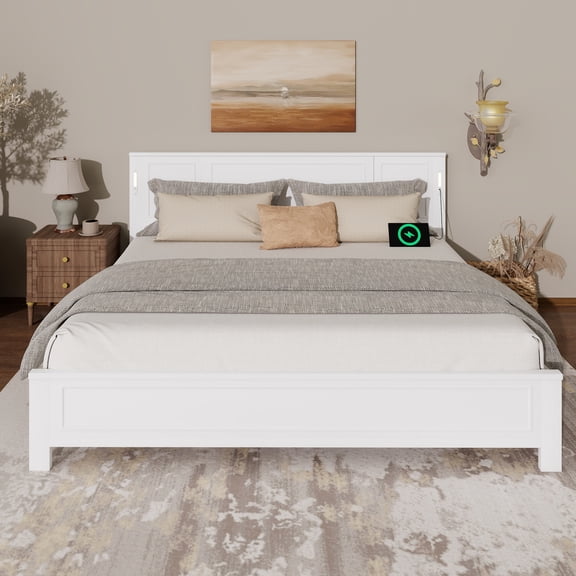 LHSHID King Size Bed with Tall-Panel Headboard Footboard,Built-in LED Lights,USB Charging Station,Pinewood Bed with Strengthened Bed Frame,White