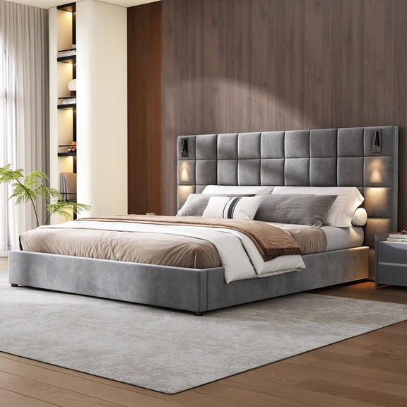 LHSHID King Size Upholstered Bed Frame,With Wall Sconce and USB Port,Wide Headboard,Velvet,Gray