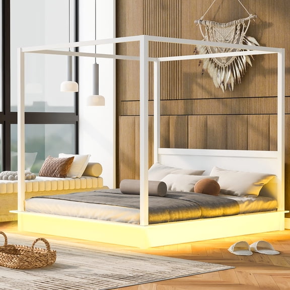LHSHID King Size Wood LED Canopy Bed,Canopy Platform bed With Support Slats,No Box Spring Needed,White