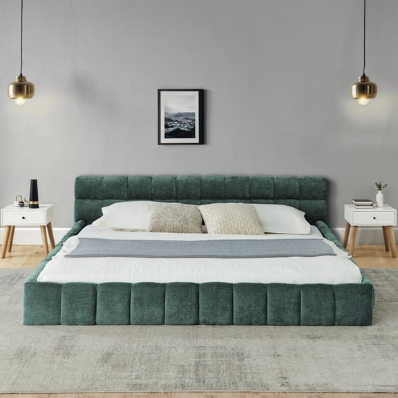LHSHID King Chenille Upholstered Platform Bed with Headboard, Blue Green