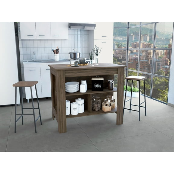 LHSHID Kitchen Island,Four Legs,Three Shelves,Dark Brown