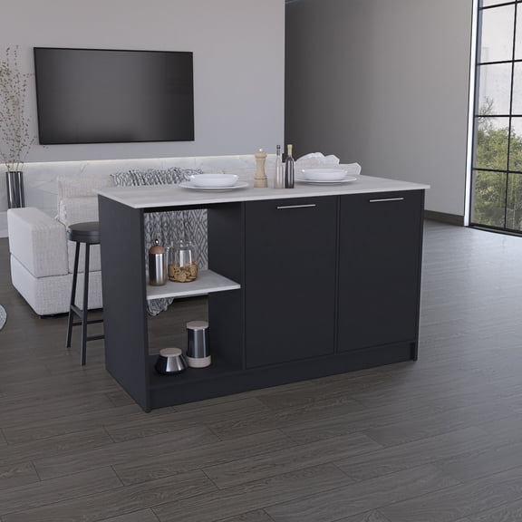 LHSHID Kitchen Island with Large Countertop,Open Storage Shelves and Double Door Cabinet,Black/Onyx