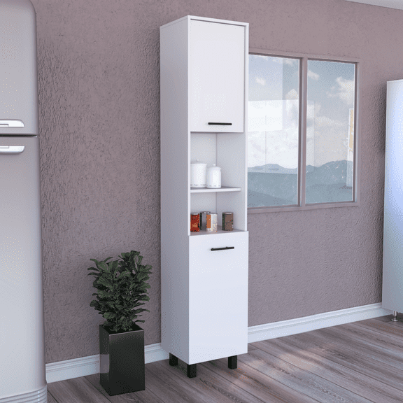 LHSHID Kitchen Pantry 79"H,Two Open Storage Shelves,Three Internal Shelves,Two Doors,Four Legs,White