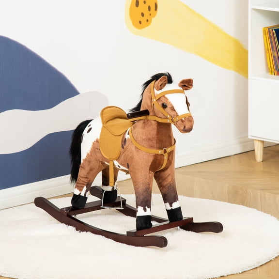 LHSHID Metal-Framed Plush Rocking Horse Chair with Realistic Sound Effects, Dark Brown and White