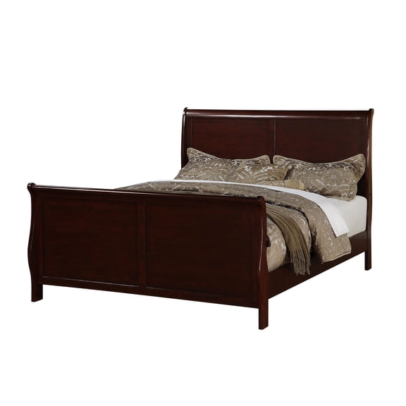 LHSHID Modern 1pc Queen Size Bed Sleigh Design HB FB Plywood 1pc Bedframe Dark Cherry Louis Phillippe Bedroom Furniture