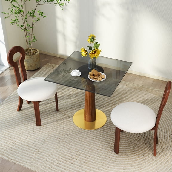 LHSHID Modern Square Dining Table,33.5"Tempered Glass Table with Wooden Leg Gold Base,2-Person Kitchen Table for Small Space,150lbs Weight Capacity(Only the Negotiation Table)