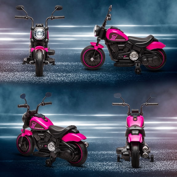 LHSHID 6V Battery-Operated Motorbike with Training Wheels, Single-Button Start, and Headlight, Pink