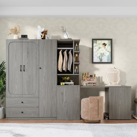 LHKJ Multifunctional Wardrobe with Desk, Drawers and Hanging Rod, Gray