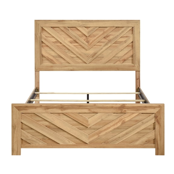 LHSHID Queen Panel Bed with Chevron Pattern, Natural Finish