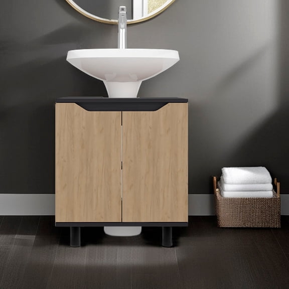LHSHID Natural Oak and Wenge Under Sink Storage Cabinet with Double Doors