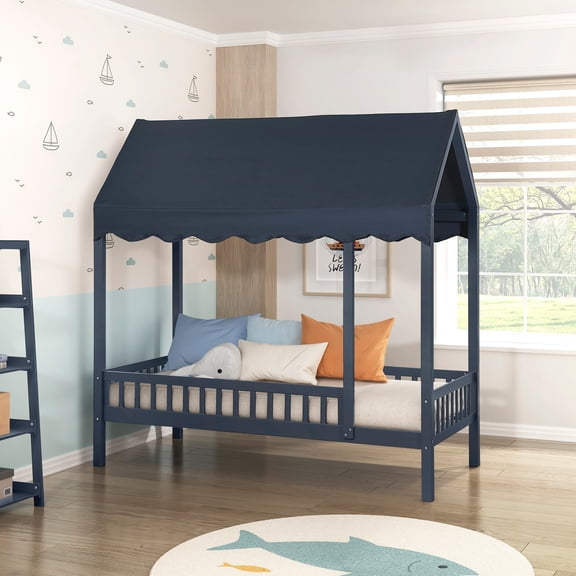 LHSHID Navy Blue Finish Twin Platform Bed Canopy Fabric Shed Cover Wooden Modern Bedroom Furniture 1pc