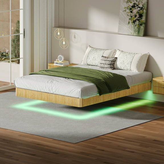 LHSHID Oak Queen Floating Bed Frame with LED Lights,Wave Curve Wood Texture Bed with Heavy Duty Metal Slats-No Box Spring Needed.