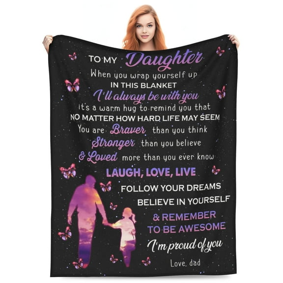 LHSHID Personalized to Daughter Blanket from Dad Silhouette Men and Baby Girl Follow Your Dreams Name to My Daughter Gifts Fleece Sherpa Blanket for Birthday Christmas Graduation 30x40inch
