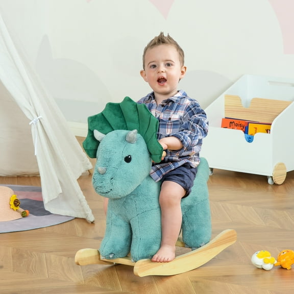 LHSHID Triceratops-Shaped Plush Rocking Ride-On Toy with Realistic Sound Effects for Ages 36-72 Months, Dark Green