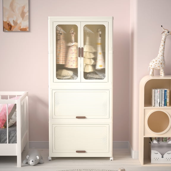 LHSHID Portable Wardrobe Closet Storage Organizer for Clothes,Clothes Dresser,Magnetic Doors with 4 Cubes Hanging Rod,10 pcs hangers,Baby Wardrobe Storage Cabinet,White