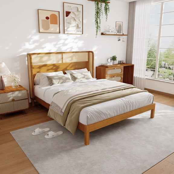 LHSHID Premium Rubber Wood Platform Bed Frame,Queen Bed Frame with Headboard Included,Mid Century Modern Bed With Natural Color