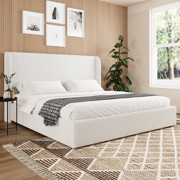 LHSHID Queen Size Bed Frame,Upholstered Cloud Bed Frame with Headboard,Solid Wood Legs and Slats,No Box Spring Needed,White